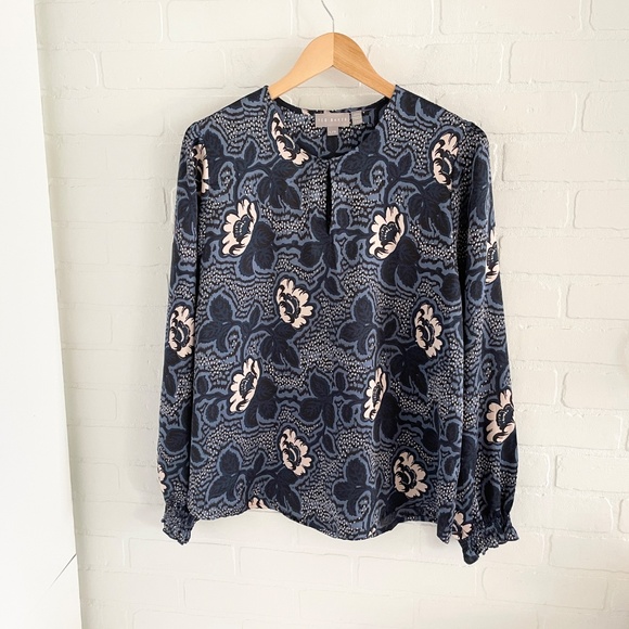Ted Baker Women’s Blouse Satin Paisley Floral print Boho Key hole Navy Pink L - Picture 5 of 14